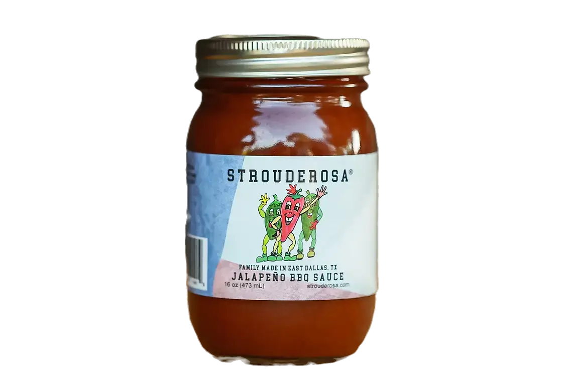 A jar of Strouderosa jalapeno BBQ sauce