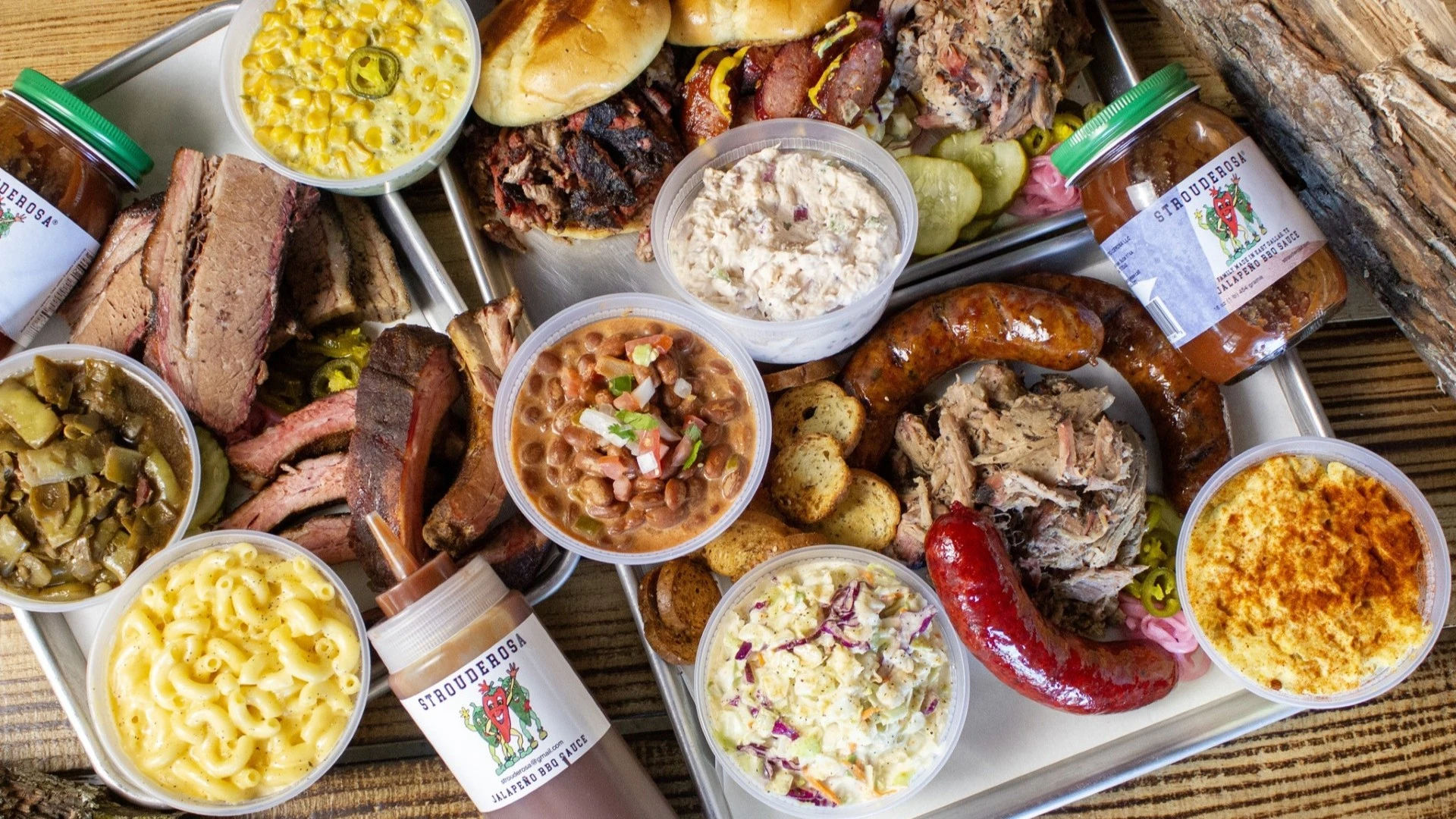 A spread of smoked meats and sides